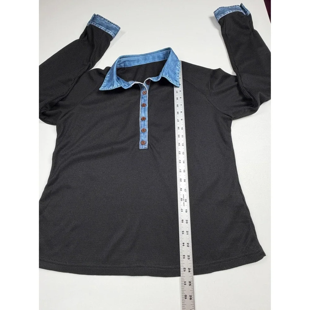 Unbranded Henley Top Women L Black Ribbed Denim Collar Long Sleeve Mixed Media